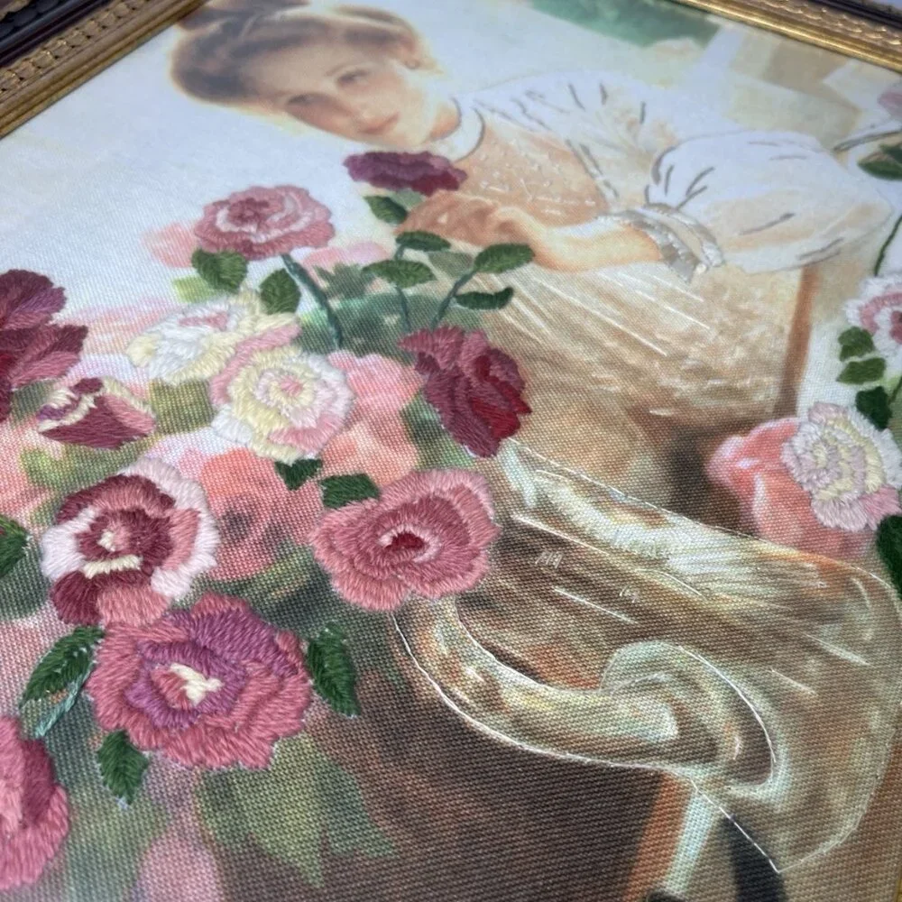 Vintage 3D Embroidered Canvas Victorian Woman W/ Pink Flowers Gold Gilt Framed